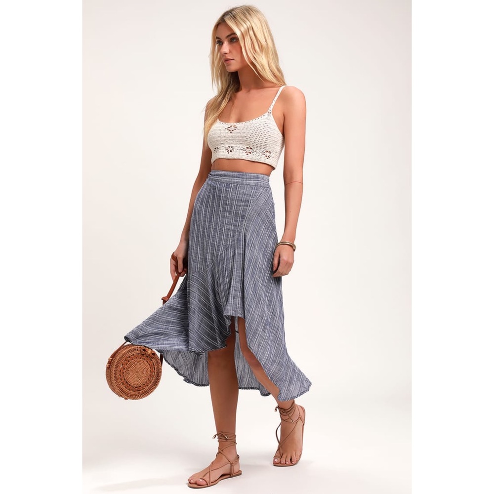 Lulu’s By the Bay Washed Blue and White Striped Ruffled Midi Skirt